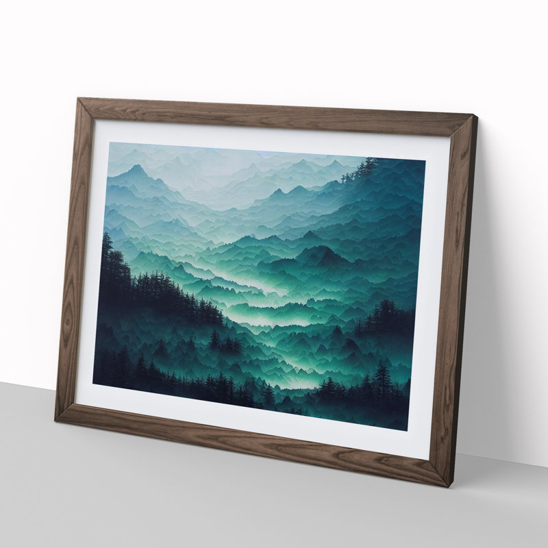 Japanese Forest Mountains - Single Picture Frame Print, 46cm H x 64cm W x 2cm D, Walnut