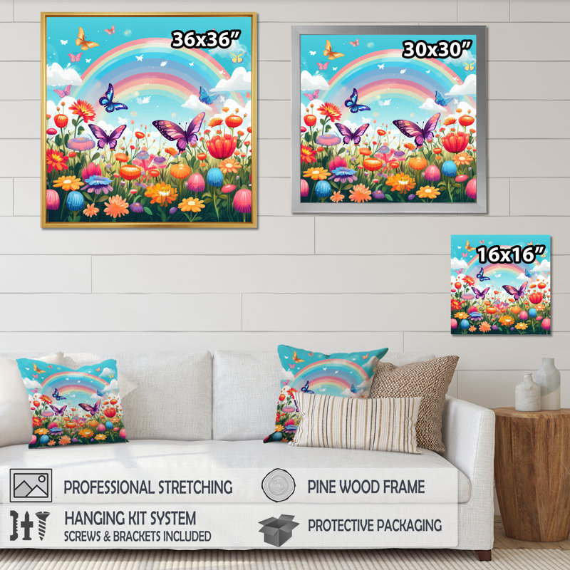 Mauve Butterfles, champ de fleurs arc-en-ciel idyllique, Cadre naturel flottant, 30" H x 30" W