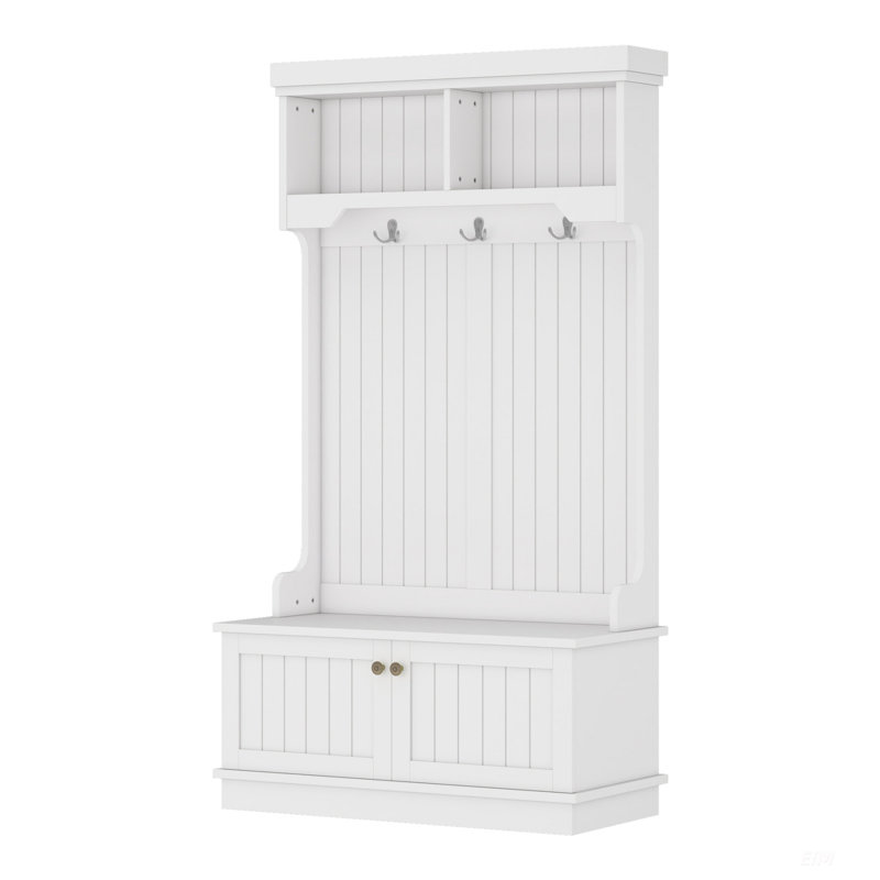 Hall Tree With Storage Shoe Bench And Coat Racks, 4-In-1 Design For Entryway And Hallway, White, White