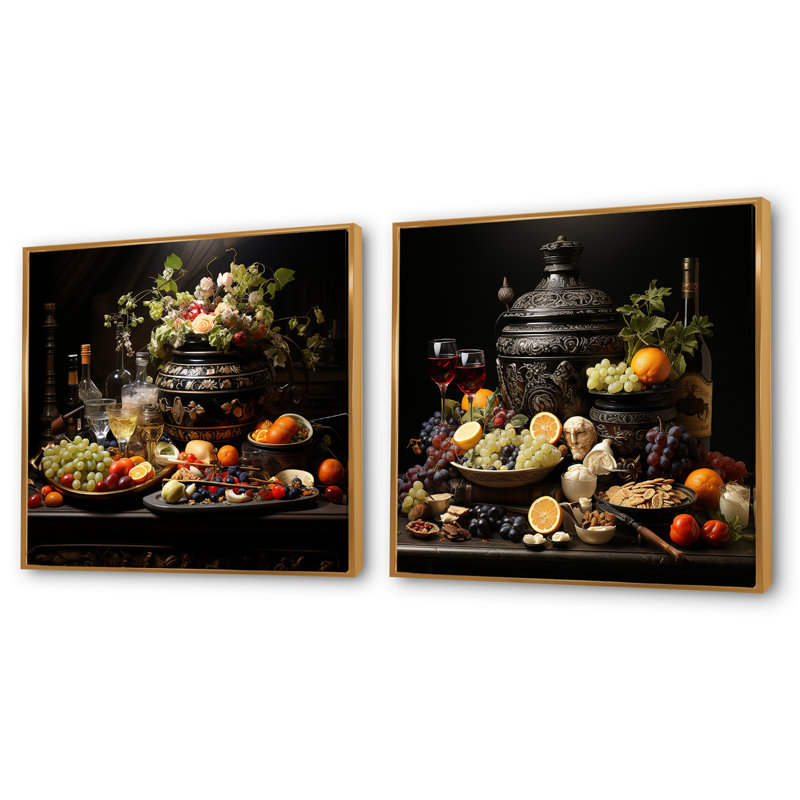 Worldly Symphony Fruit Cuisine - Ensemble de 2 collages carrés International Cuisine, Cadre flottant doré, H 36 po x l 73 po