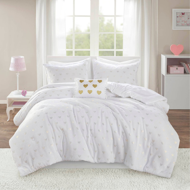 Ensemble d'édredon en peluche à imprimé métallique 4 pièces avec coussin décoratif, Blanc