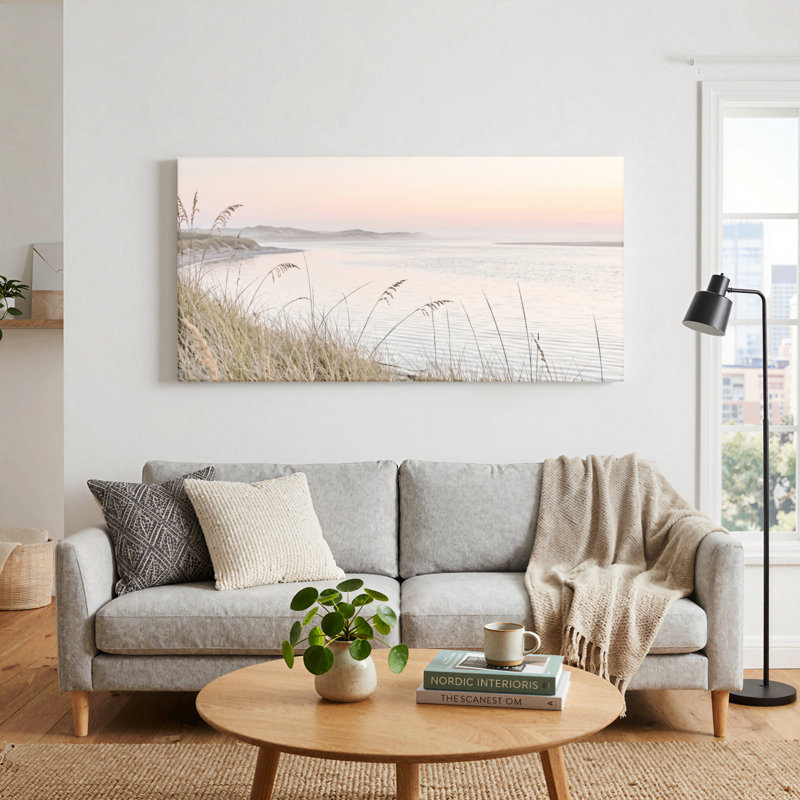 Ensemble de 1 tableau sur toile représentant un coucher de soleil sur la côte, Toile tendue, L 58 po x H 28 po