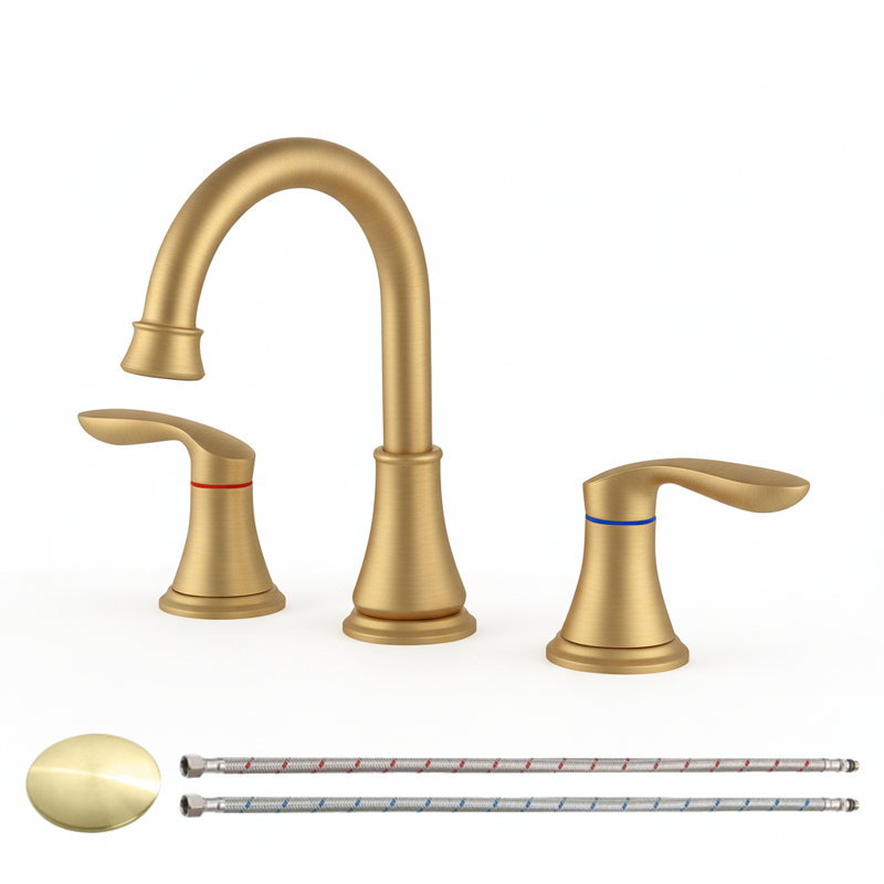 High Arc Double Handle Widespread Bathroom Faucet With Pop-Up Drain Assembly In Brushed Gold, Brushed Gold