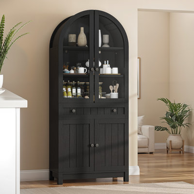 79" Kitchen Pantry Cabinet Arched Wood with Slide Drawer, Adjustable Shelves, Glass Doors by Ebern Designs