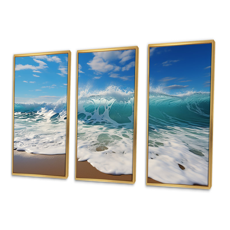 Turquoise Power of Ocean Wave - Ensemble de décoration murale bord de mer, Cadre flottant doré, H 32 po x l 48 po x P 1 po
