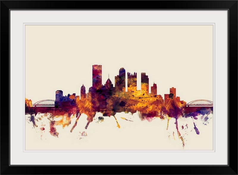 «Pittsburgh Pennsylvania Skyline» par Francy, impression, Cadre noir, H 24 po x l 32 po x P 1 po