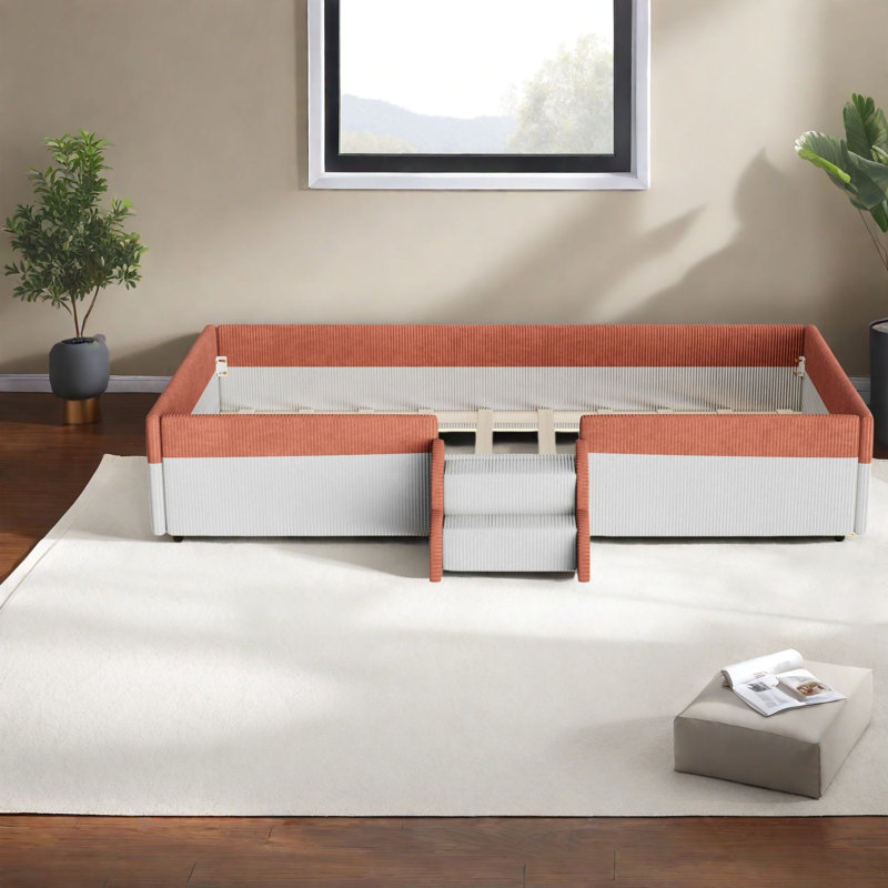 Lits intelligents à DEL, lit à plancher simple en panneau de fibres à densité moyenne Corduroy, chambre à coucher moderne