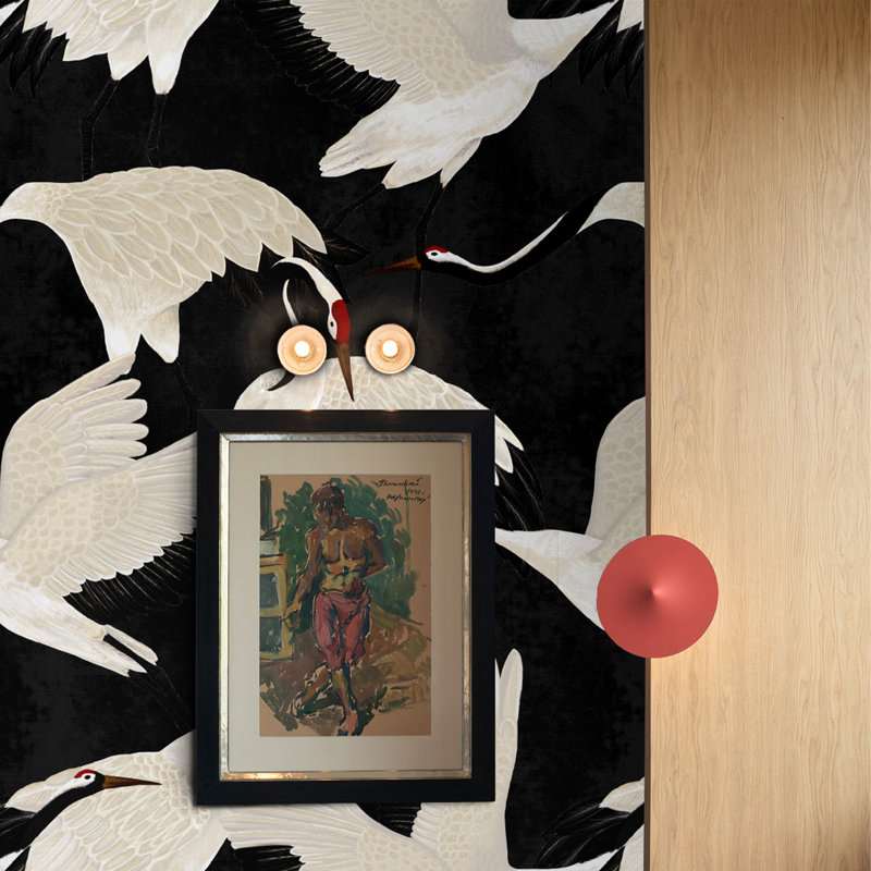 Black Herons Chinoiserie Wallpaper White