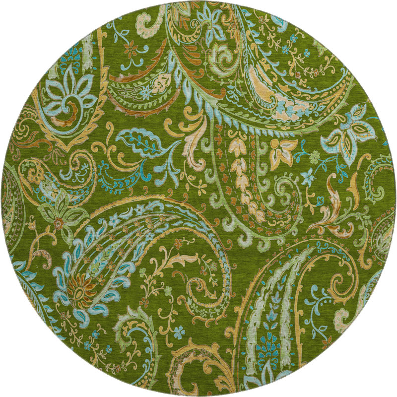 Premium Machine Washable Cerrito AMF533 Green Rug, Round 8'