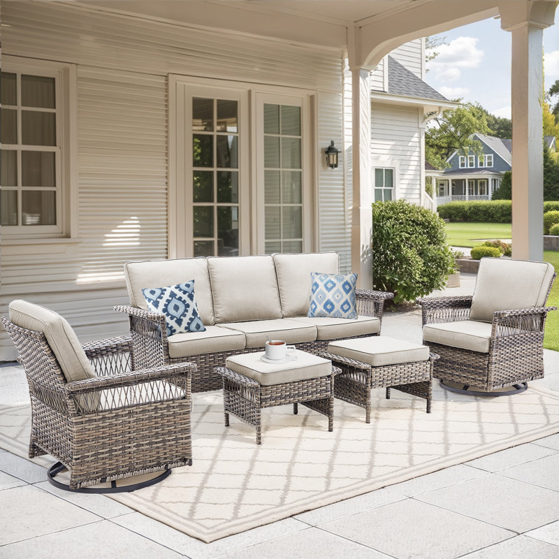 5 Pieces Patio Furniture Set, Swivel Rocker Glider Chairs With 5" Wide Armrest, Beige