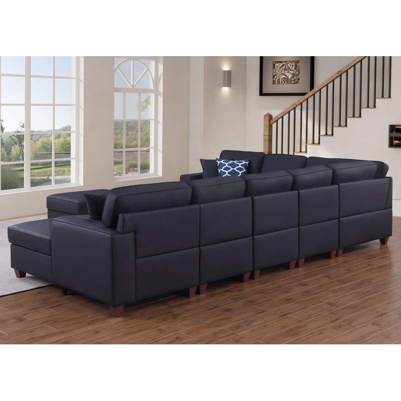 Canapé modulaire en cuir avec repose-pieds 7 pièces Carstens, Similicuir noir