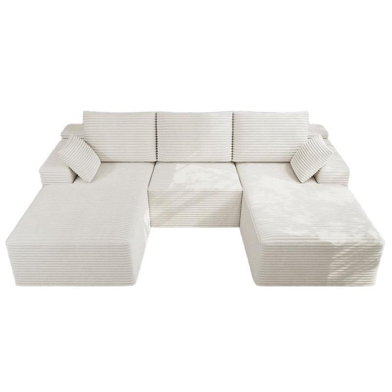 Canapé modulaire à compression en U 98 po, velours côtelé nuage, blanc, White Corduroy
