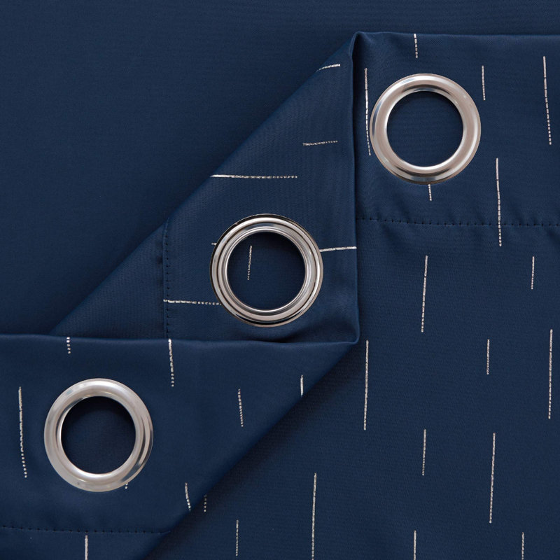 Foil Print Striped Blackout Thermal Insulated Grommet Curtains (Set of 2), 42" W x 84" L, Navy Blue