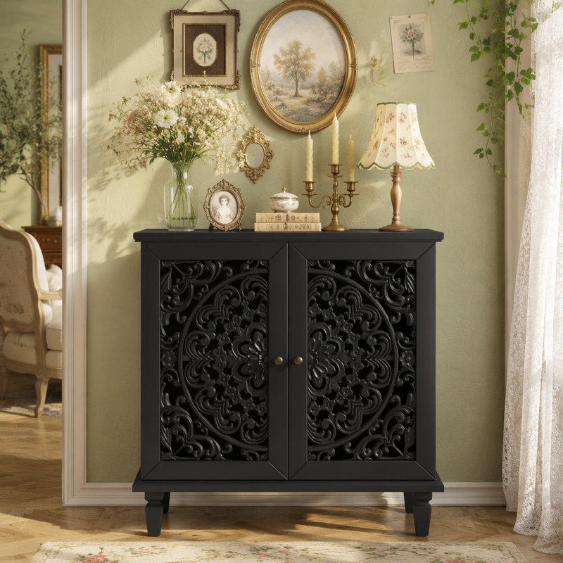 Armoire décorative, armoire de rangement à 2 portes, buffet avec tablette réglable et pieds en bois massif, Noir
