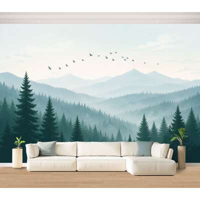 Wall Mural Peel and Stick Wallpaper Abstract Black White Forest Tree Pine Trees Birds Mountains Mist Self-Adhesive Removable Contact Paper Wall Decor for Living Room Bedroom 100"H x 144"W