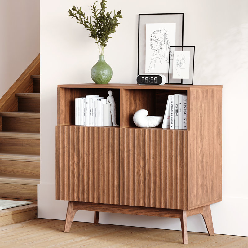 80cm Compact Small Sideboard, Ribbed Door Storage Cabinet, Walnut