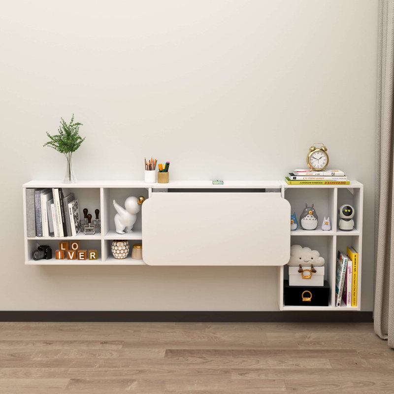 Floating Desk, Wall Mounted Table, White Wood Modular Bookcase with Fold Down Workstation, White