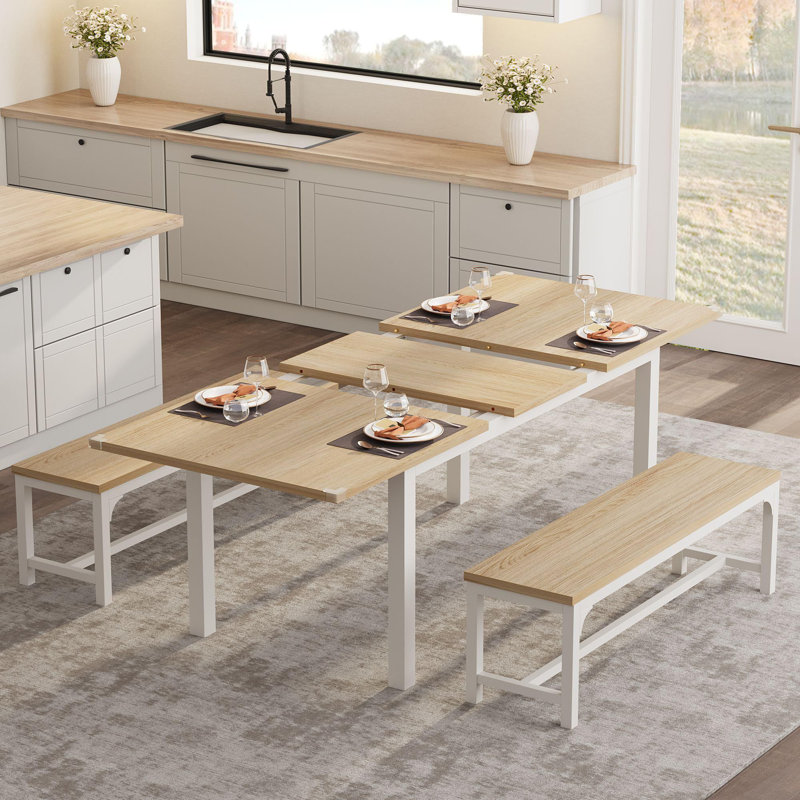 Grande table de salle à manger extensible de 63 po avec bancs, structure en métal et panneau de fibres à densité moyenne