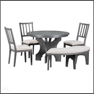 5-Piece Dining Table Set,44"" Round Dining Table With Curved Bench & Side Chairs -  Rosalind Wheeler, 5D58B3FAE195419593119E05C8ED19C5