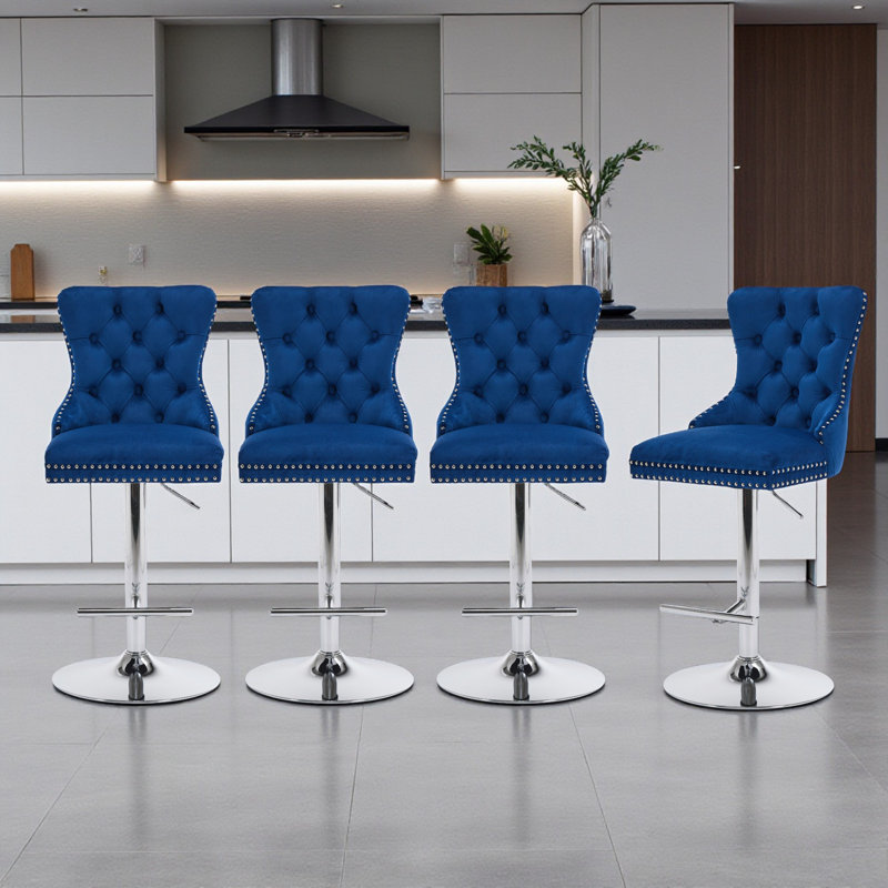 Tabourets de bar pivotants en velours épais et chromés Zager Modern, 4, Bleu