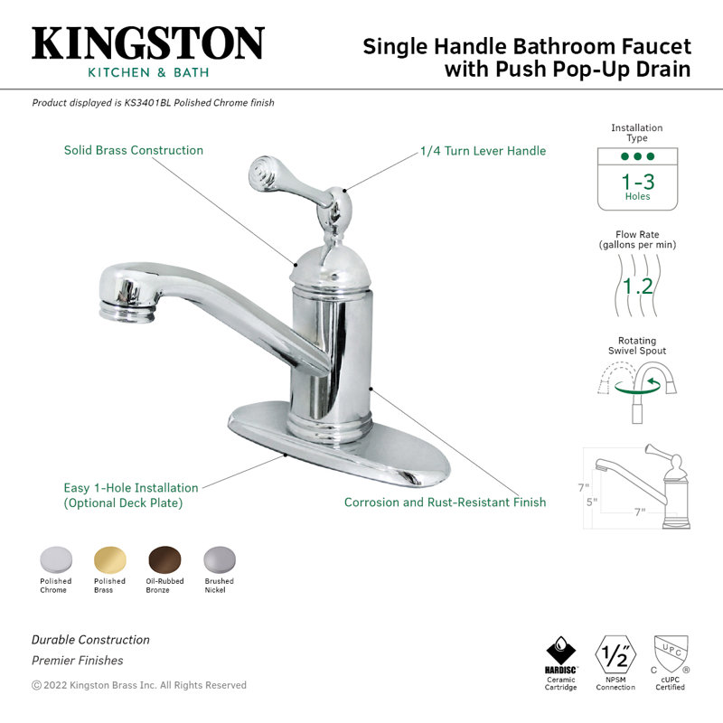 Robinet de salle de bain à poignée simple à fixation sur comptoir 1 trou Kingston, Nickel brossé