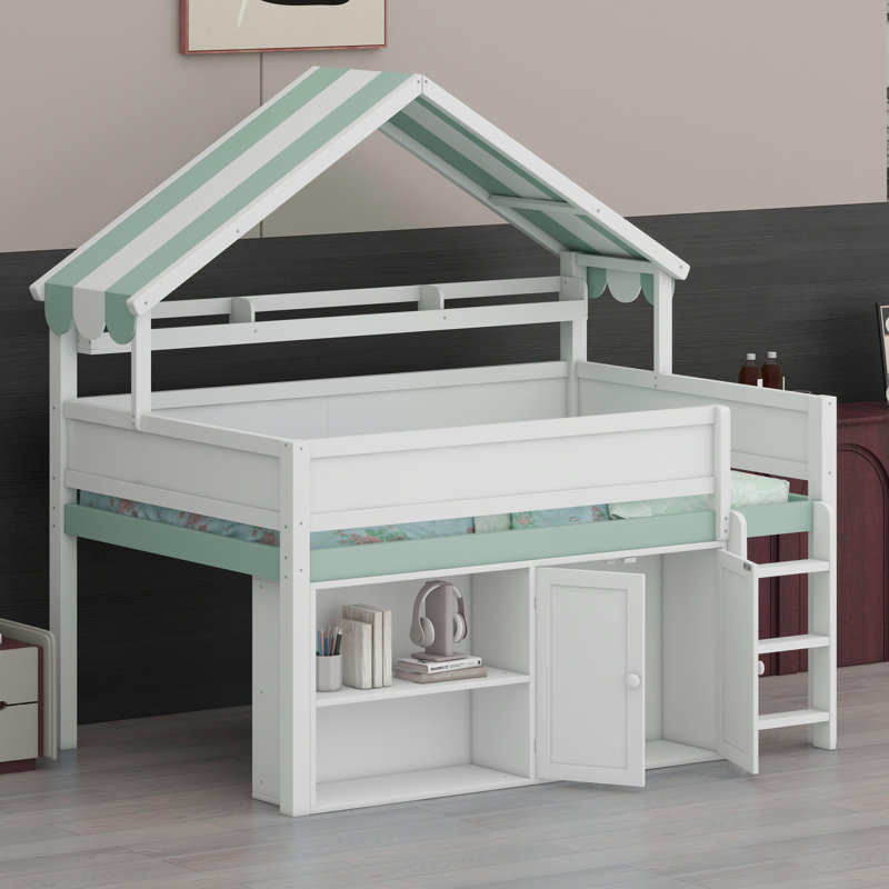 Lit mezzanine peu encombrant avec toit à baldaquin et armoire de rangement, Blanc et vert