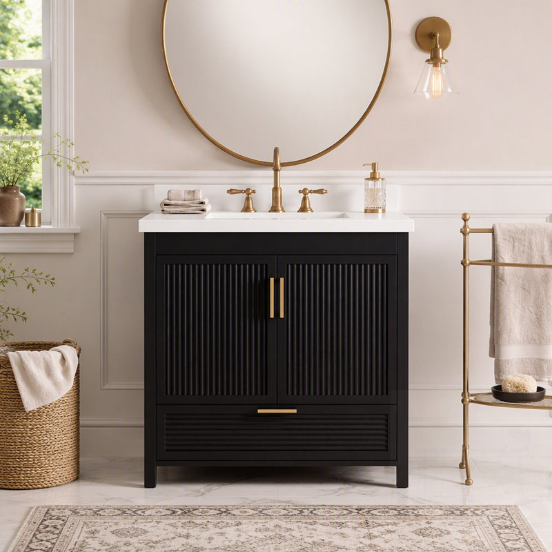 Meuble-lavabo sur pied avec lavabo, portes à fermeture amortie, tiroir à extension complète et panneaux ondulés au fini chêne.