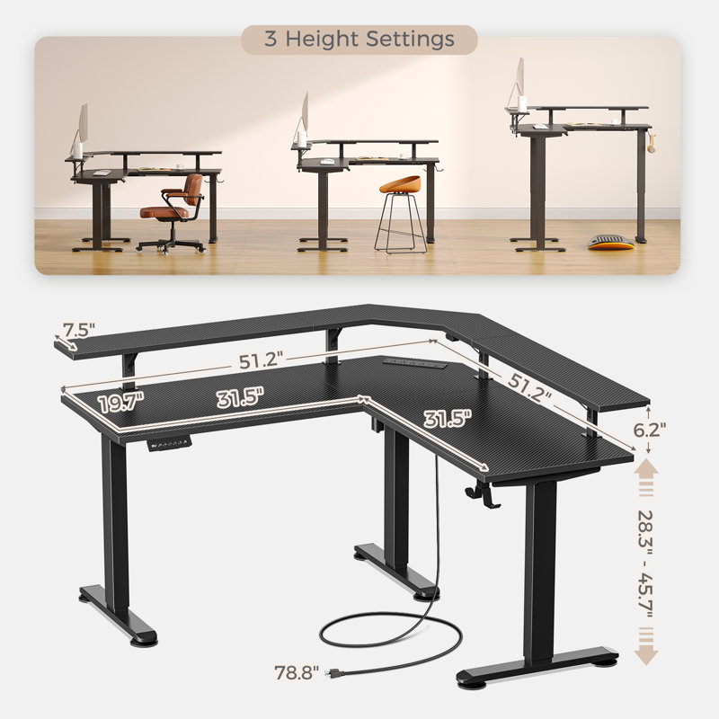 Standing Desk L Shaped with LED Light and Power Outlet, Electric Height Adjustable Computer Office Desk Sit Stand Up with Monitor Stand