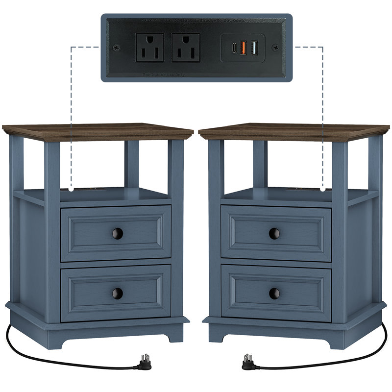 Table de chevet 2 tiroirs avec rangement et prises intégrées Chaky, Bleu, Ensemble de 2