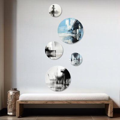 Minimalism Black And White Pier Scenery - Beach Coastal Round Wall Art Set Of 5