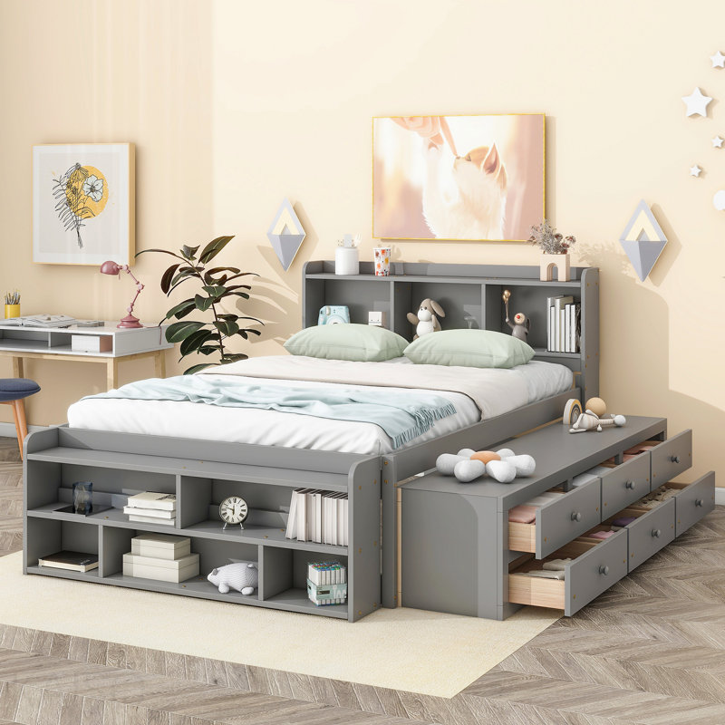 Structure de lit double avec bibliothèque avec tête de lit, dessous de lit avec tiroirs de rangement et base de lit avec étui de rangement