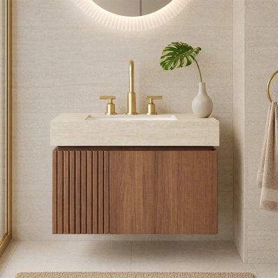 Meuble-lavabo flottant mural 24 po avec plateau en pierre frittée Roma Travertine, fermeture en douceur, trou de robinet simple