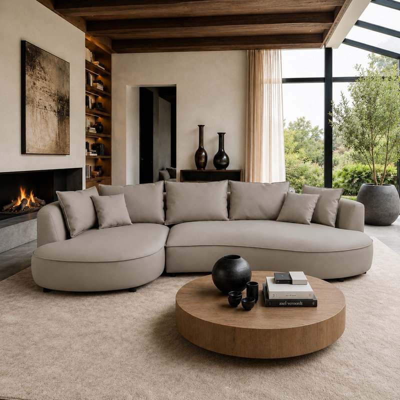 Canapé modulaire incurvé en similicuir de 129 po faisant face à gauche gris clair avec méridienne, Light Gray