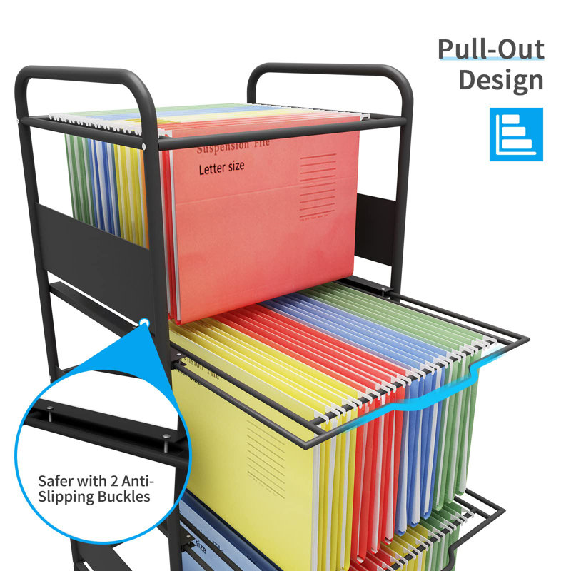 3-Tier Metal Rolling File Cart With Lockable Wheels For Letter-Size Hanging Files