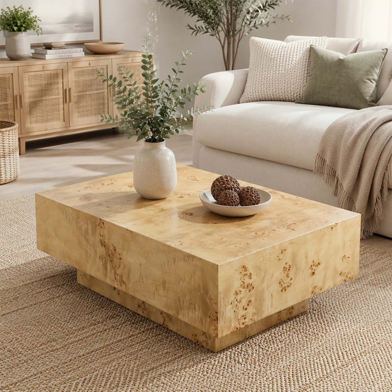 Table basse en placage de bois de ronce de 43,31 pouces de style Mid-Century moderne pour le salon et le bureau, piédestal robuste en MDF, finition naturelle