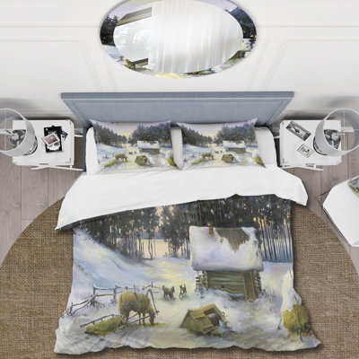 Winter scène avec chalet recouvert de neige - ensemble de housse de couette Country - microfibre de polyester