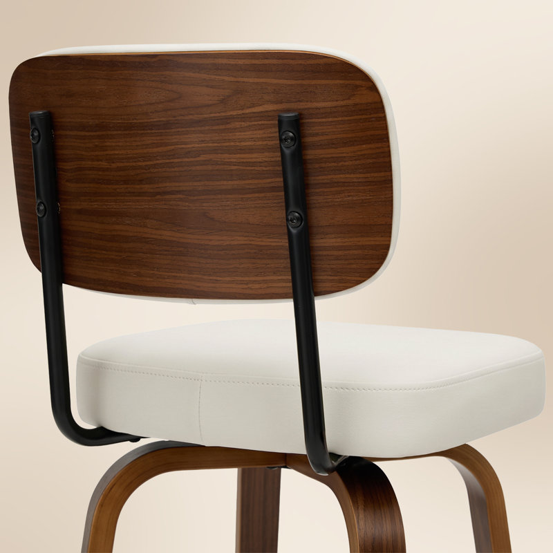 Tabouret de bar pivotant rembourré avec structure en bois courbé au fini noyer, Blanc, 29.5
