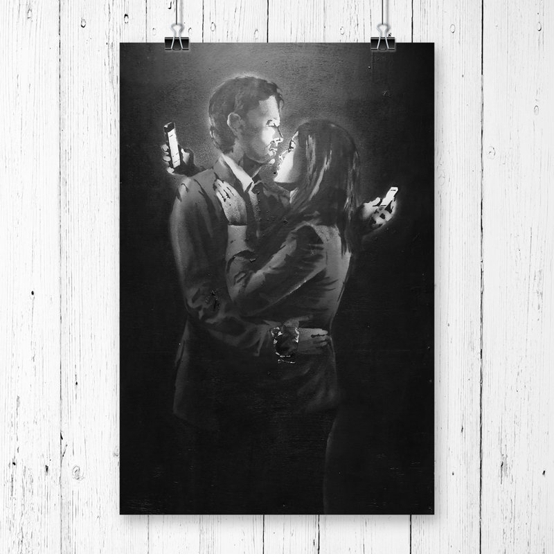 Banksy Mobile Lovers Black and White Wall Graffiti Art - Frameless Print, 84.1cm H x 59.4cm W
