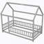 Lit simple en bois avec structure de toit de maison, garde-corps de clôture, gris