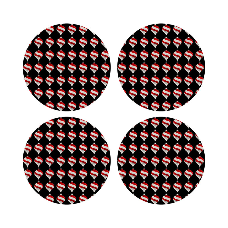 Xmas Ornament Black Vegan Leather Round Coasters, Black
