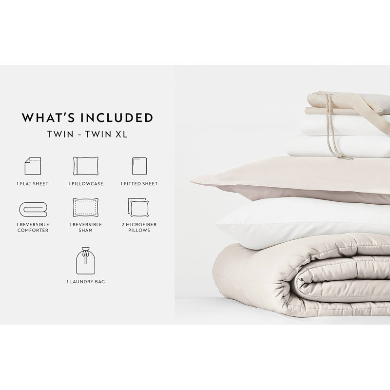 8-PC College Dorm Twin XL Bedding Bundle - Comforter Set, Sheet Set, Pillows and Laundry Bag, Natural / Latte