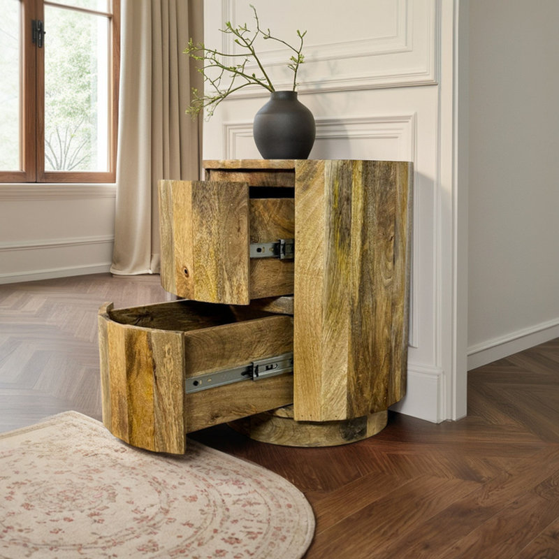 Elegant Brown 16" Round Accent Table with Scalloped Edges and Built-In Drawers, Natural