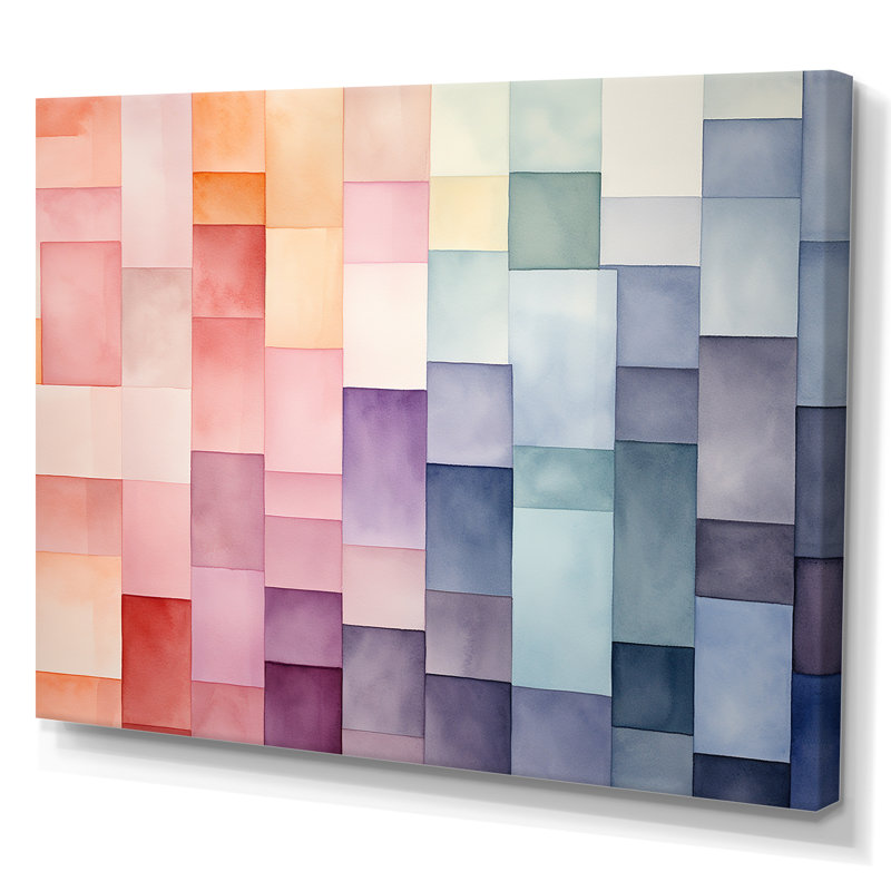 Motif de cubes multicolores III - art mural géométrique, Toile tendue, H 16 po x l 32 po x P 1 po