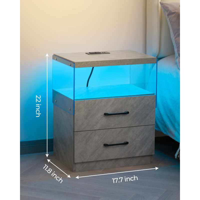 Led Nightstand With Charging Station Black Night Stand, Gray, Set of 2