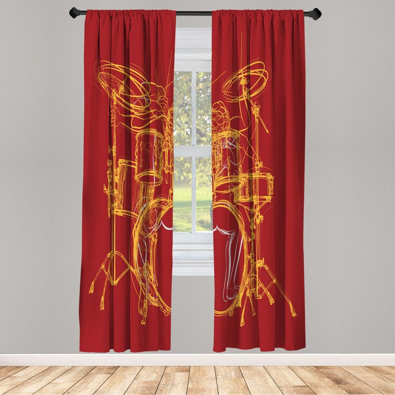 Microfiber Floral Semi-Sheer Rod Pocket Curtain Panels, 28" W x 63" L, Red/Yellow
