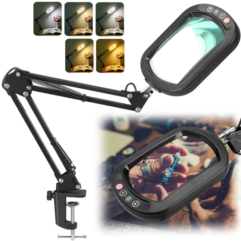10X Rectangle Magnifying Glass With Light, 5 Color Modes Stepless Dimmable Magnifier With Stand, LED Lighted Clamp Desk Lamp With Swing Arm, Hands Free For Reading Painting Crafts Close Work