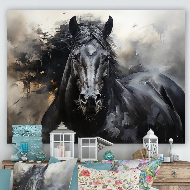 Étalon noir en mouvement - reproductions encadrées de chevaux, Toile tendue, H 30 po x l 40 po