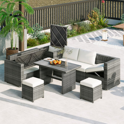 Ensemble de canapé d'extérieur en rotin PE toutes saisons 6 pièces, ensemble de mobilier de jardin en osier de patio avec siège réglable, boîte de rangement, housses amovibles et plateau en verre trempé, beige