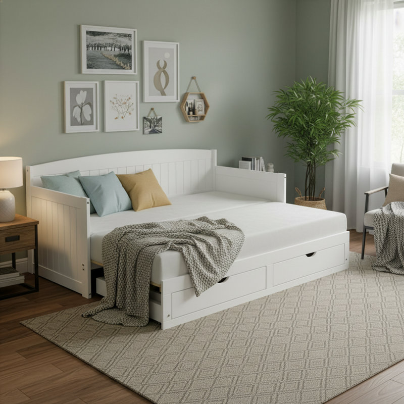 Harmony Twin Daybed with Trundle and Drawers, White, White