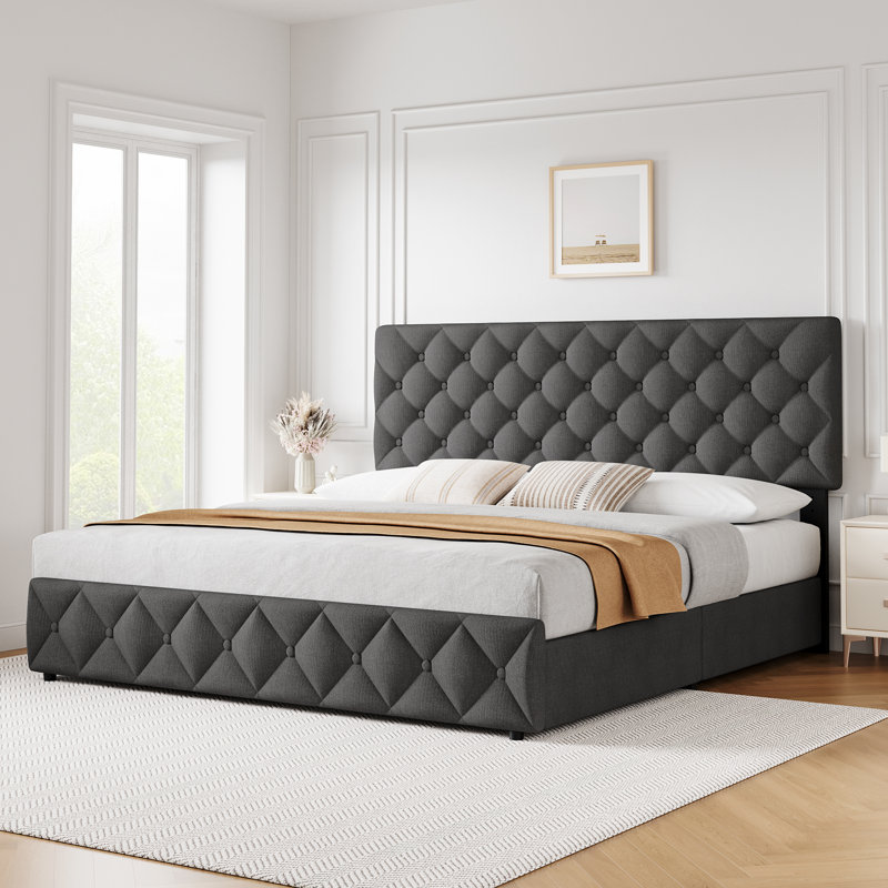 Structure de lit avec 4 tiroirs de rangement, structure de lit tapissier en lin avec tête et pied de lit, Gris, Grand lit